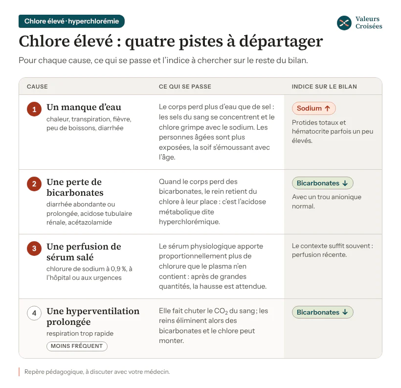 Chlore élevé dans le sang (hyperchlorémie) : les causes et leurs indices Carte des causes d’un chlore élevé : manque d’eau (le sodium monte aussi), perte de bicarbonates par diarrhée, acidose tubulaire rénale ou acétazolamide (bicarbonates bas, trou anionique normal), perfusion de sérum physiologique à 0,9 %, et plus rarement hyperventilation prolongée.